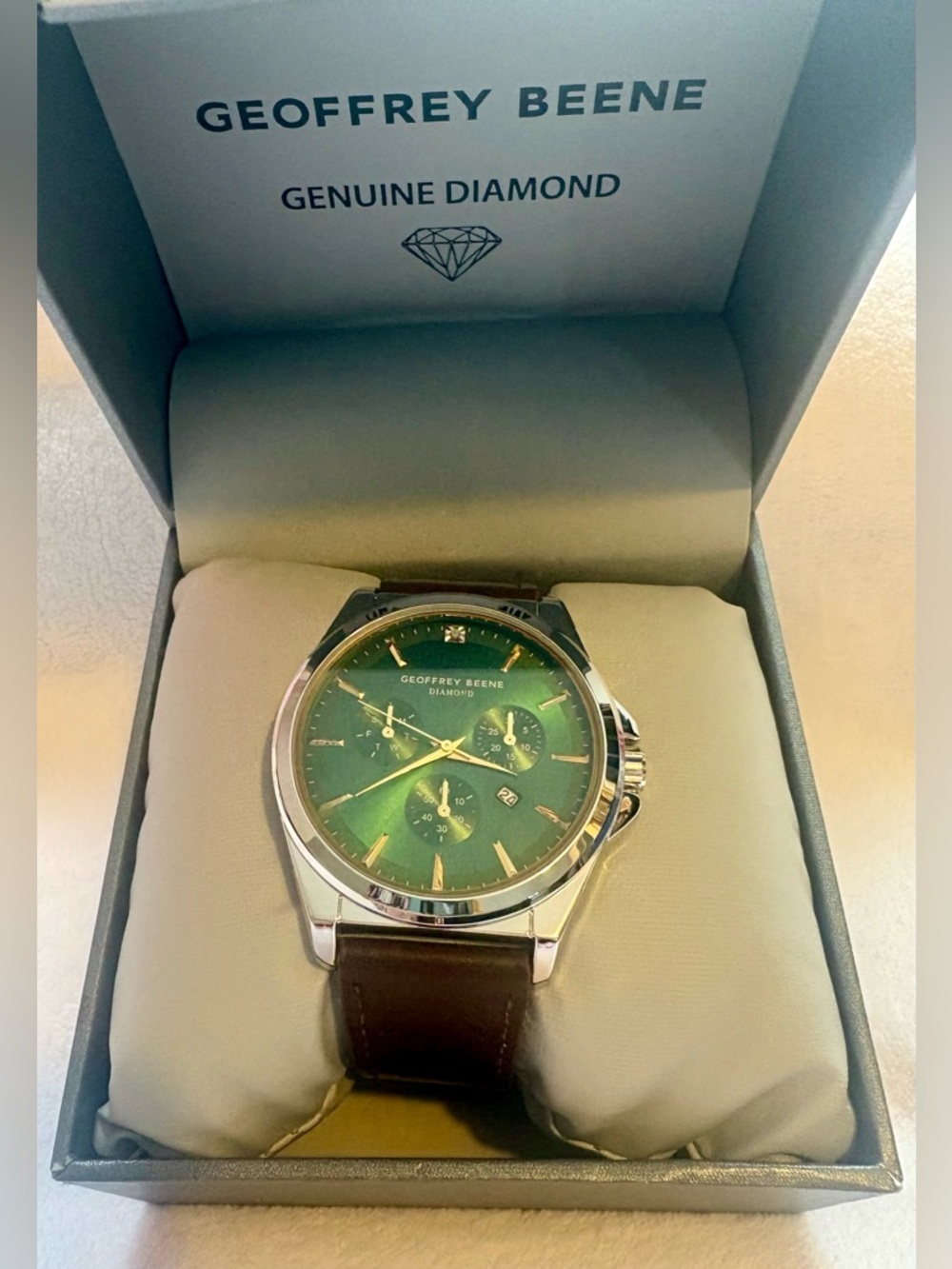 Geoffrey Beene Green Dial Watch with Brown Leather Strap